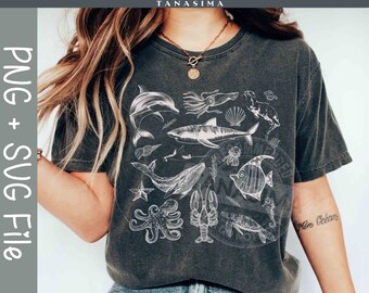 May include: A dark gray t-shirt with a white graphic print of various sea creatures, including a whale, octopus, fish, and a lobster. The text "More Ocean" is printed on the right sleeve.
