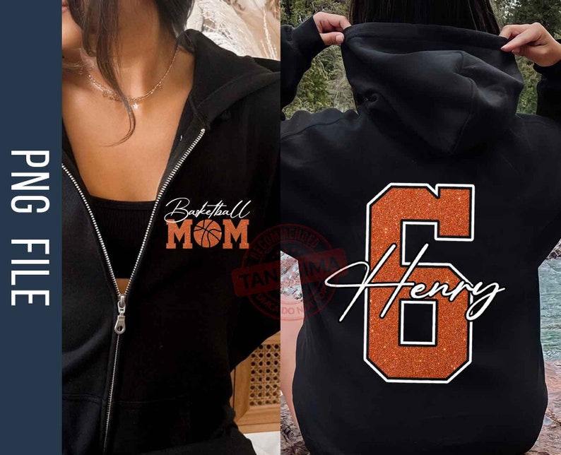 May include: Two black hoodies with different designs. One hoodie has the text "Basketball Mom" with a basketball graphic. The other hoodie has the number "6" with the name "Henry" written underneath.