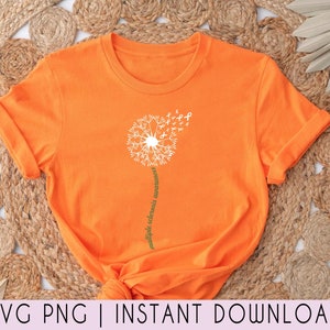 May include: Orange t-shirt with a white dandelion design and the text "multiple sclerosis awareness" written vertically along the stem.
