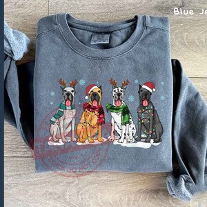 May include: A blue sweatshirt with a Christmas-themed design featuring four Great Danes wearing Santa hats and Christmas lights. The text "Blue Jean" is visible in the top right corner of the image.