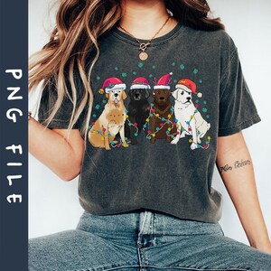 Puede incluir: Una camiseta gris oscuro con un gr&aacute;fico de cuatro perros con gorros de Pap&aacute; Noel y rodeados de luces navide&ntilde;as. Los perros son un golden retriever, un labrador negro, un labrador chocolate y un perro blanco.