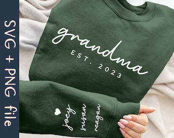 Personalize Grandma Shirt With Kid Names Sleeve SVG PNG File, Est Date Mom Shirt Svg, Custom Mothers Day Shirt Svg, Grandma Shirt Svg