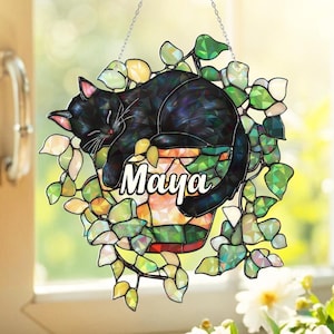 Custom Black Cat Hologram Ornament, Sleeping Cat Ornament, Cat Lover Gift, Plant Lover Gift, Gift For Mom, Window Hanging, Cat Wall Decor