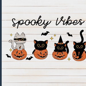 May include: Four black cats dressed in Halloween costumes sit on top of orange pumpkins. The cats are wearing a mummy costume, a witch hat, a black cat costume, and a regular black cat costume. The text "Spooky Vibes" is written above the cats.