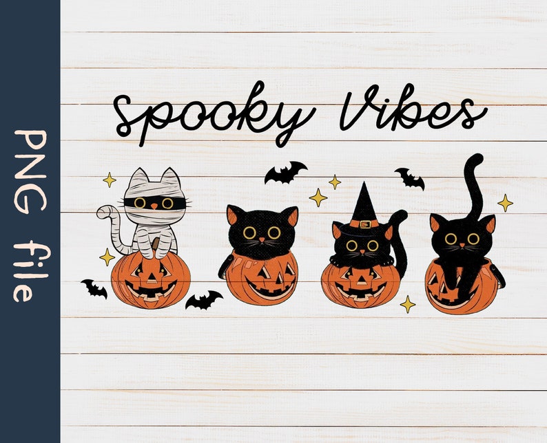 May include: Four black cats dressed in Halloween costumes sit on top of orange pumpkins. The cats are wearing a mummy costume, a witch hat, a black cat costume, and a regular black cat costume. The text "Spooky Vibes" is written above the cats.