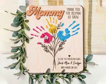Personalized Handprint Sign SVG, Custom Mother's Day Flower Handprint Sign Svg, DIY Hand Print Laser Cut, Mother's Day Sign with Kids Names