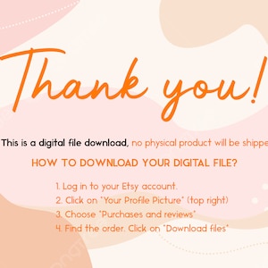 May include: A pink and peach digital download thank you card with white polka dots. The card includes instructions on how to download your digital file from Etsy.