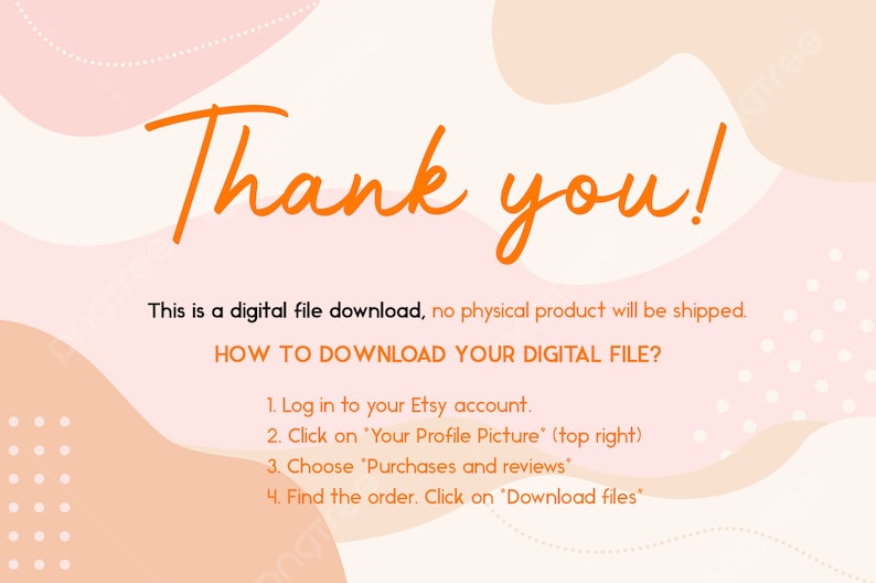 May include: A pink and peach digital download thank you card with white polka dots. The card includes instructions on how to download your digital file from Etsy.