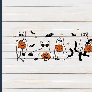 May include: A Halloween-themed graphic featuring four cartoon cats in ghost costumes, each holding a carved orange pumpkin. Black bats and gold stars are scattered around the cats. The image is labeled "PNG file" in white text on a navy blue background.