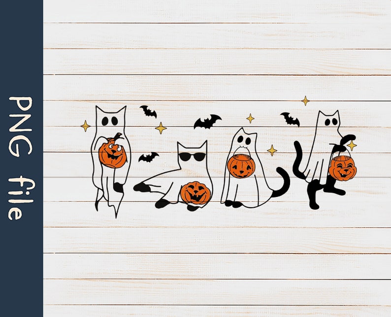 May include: A Halloween-themed graphic featuring four cartoon cats in ghost costumes, each holding a carved orange pumpkin. Black bats and gold stars are scattered around the cats. The image is labeled "PNG file" in white text on a navy blue background.