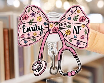 Custom Nurse Badge Reel, Faux Glitter Pink Bow Badge Reel, RN Badge Reel, Gift For Nurse, Stethoscope Badge Reel, Doctor Gift, Medical Gift