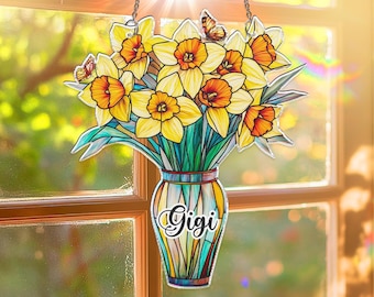 Custom Daffodils Window Hanging Acrylic Ornament, Custom Gift For Mom, Birth Flower Gift, Mom Birthday Gift, Gift For Her, Mothers Day Gift