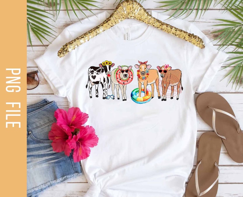 May include: White t-shirt with a graphic of four cows wearing sunglasses and summer accessories. The cows are wearing flower crowns, sunglasses, and inflatable pool rings.