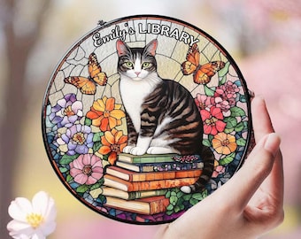 Custom Tabby Cat Glass Suncatcher, Cat Reading Gift, Bookworm Suncatcher, Cat Lover Gift, Bookish Gift, Book Lover Gift, Window Hanging