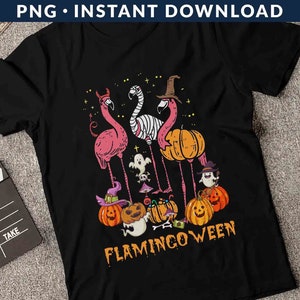 May include: Black t-shirt with a graphic of pink flamingos with witch hats and pumpkins. The text "Flamingo-ween" is printed on the shirt.