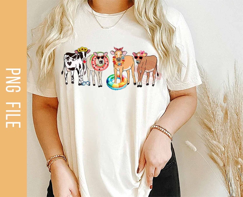 May include: A white t-shirt with a graphic of five cows wearing sunglasses and floral headbands. The cows are standing in a line and one is holding a rainbow float.