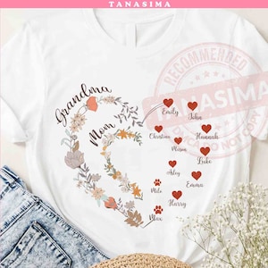 Personalice la camisa de mamá de la abuela del corazón con el archivo PNG de los nombres de los niños, el corazón de la mamá personalizado png, el día de las madres personalizado png, la abuela png, descarga digital