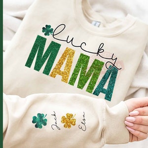 Personalized Lucky Mama St Patrick's Day PNG, Faux Glitter Png, Custom Mom Shirt With Kids Names Png, St Patricks Day Png, Digital Download