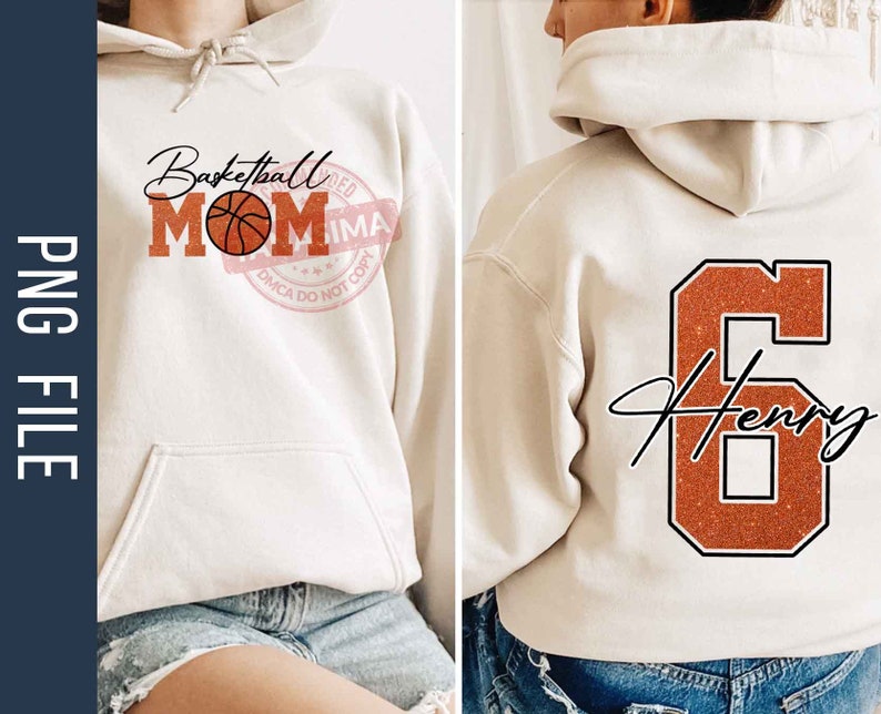 May include: A white hoodie with the text "Basketball Mom" and a basketball graphic on the front. The back of the hoodie has a large orange number 6 with the name "Henry" written in black.