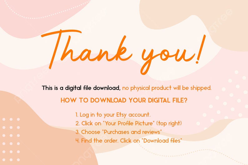 Puede incluir: Una tarjeta de agradecimiento de descarga digital rosa y melocot&oacute;n con lunares blancos. La tarjeta incluye instrucciones sobre c&oacute;mo descargar tu archivo digital de Etsy.