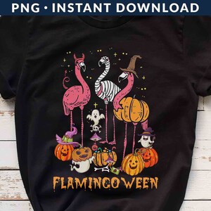 May include: A black t-shirt with a pink flamingo design. The flamingos are dressed in Halloween costumes and holding pumpkins. The text "Flamingoween" is printed on the shirt.