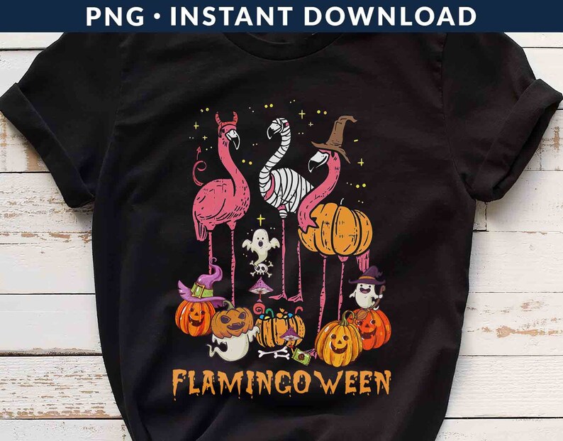May include: A black t-shirt with a pink flamingo design. The flamingos are dressed in Halloween costumes and holding pumpkins. The text "Flamingoween" is printed on the shirt.