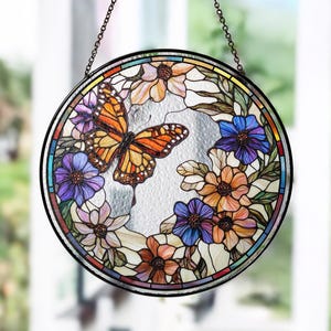 Monarch Butterfly Glass Suncatcher, Butterfly Lovers Gift, Flower Glass Suncatcher, Window Hanging, Gift For Mom, Gift For Grandma