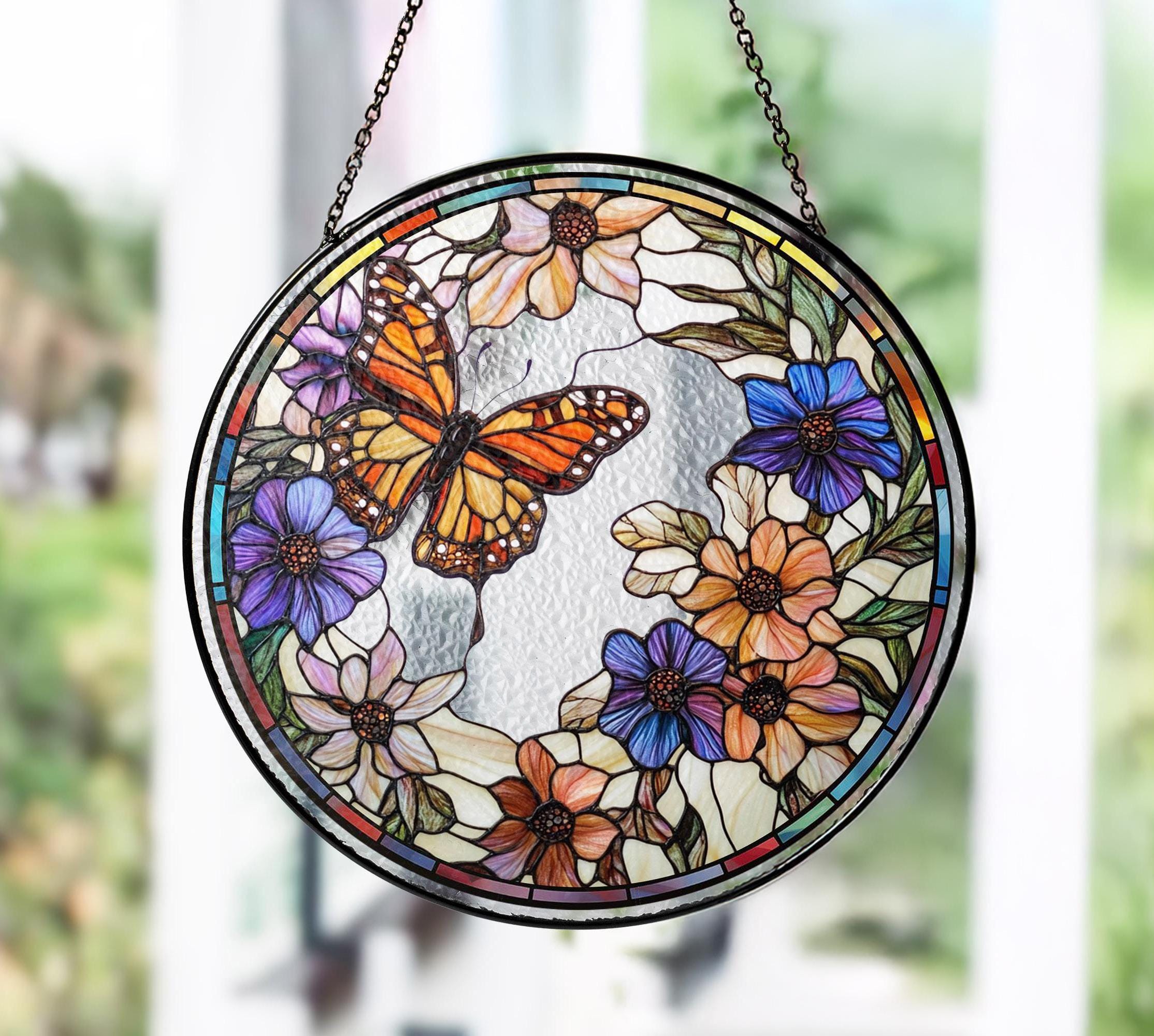 Monarch Butterfly Glass Suncatcher, Butterfly Lovers Gift, Flower Glass Suncatcher, Window Hanging, Gift For Mom, Gift For Grandma