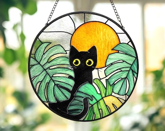 Custom Monstera Black Cat Glass Suncatcher, Black Cat Glass Art, Plant Mom Gift, Plant Lover Gift, Gift For Plant Lady, Cat Lover Gift