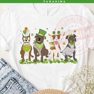 May include: Four dogs dressed in St. Patrick's Day themed outfits, including a green hat, a green bandana, and a green headband. The dogs are standing on a green shamrock background.