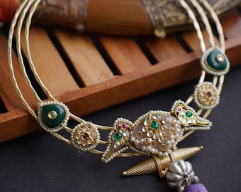 Handmade Kundan Hasli Necklace Set, Multi Color Stone, Indian Jewelry