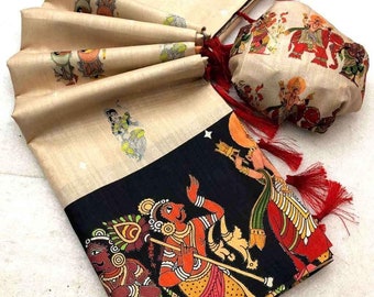 Muga tussar Silk Saree, Wedding Blouse Saree, Abstract Kalamkari Flower Handloom One piece Saree, Wedding gift SareeBlouse, tassels on pallu