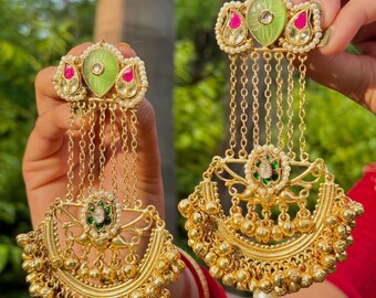 Handmade Gold-Tone Jhumka Ear Chains | Green Pink Stone Indian Earrings