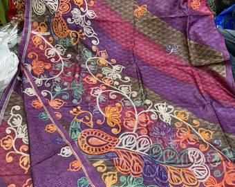 Handloom Tussar Silk Saree, Kaantha Stitch, Block Print, Silk Mark Certified