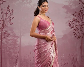 Baby Pink Saree, Real Mirror Handwork, Sequin Lace Border