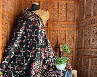 Tussar Jamdani Saree, Handloom Weave, Floral Motif, Wedding Saree