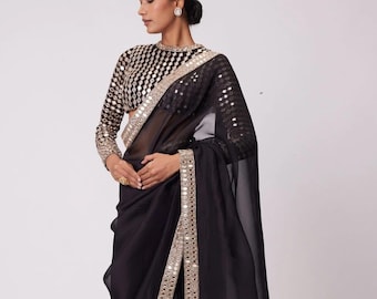 Banglori Silk Saree, Embroidered Mirror Lace Border, Bollywood Party Saree