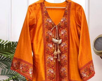 Burnt Orange Handloom Woven Maxi Dress | Artisan Indian Long Kurti | Heritage Boho Ethnic Wear