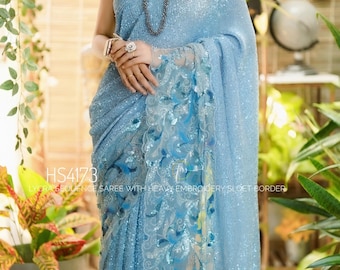 Scintillating Stretch Lycra Sequins Net Saree, Cutdana Embroidered Cutwork Evening Sari Masterpiece