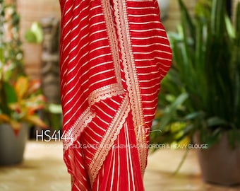 Breathtaking Pure Organza Silk Striped Saree, Sabyasachi Style Scallop Border Couture Sari Masterpiece
