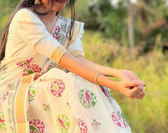 Handloom Cotton Saree, Kalamkari Flower Print, Hand Block Vegetable Dye