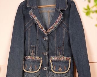Rave Embellished Denim Jacket Maxi Dress Neutral Festival Clothing Gift Hand embroidery Jacket.
