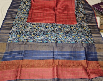 Handloom Tussar Silk Saree, Abstract Kalamkari Block Print, Wedding Saree