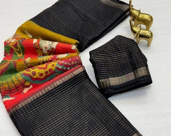 Handloom Chanderi Silk Saree, Kalamkari Floral Print, Zari Border