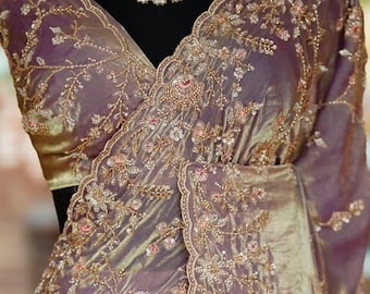 Dual-Tone Satin Chiffon Saree | Zircon & Resham Embroidery, Stitched Blouse