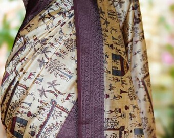 Chanderi Modal Silk Saree, Warli Print, Handloom Weaving