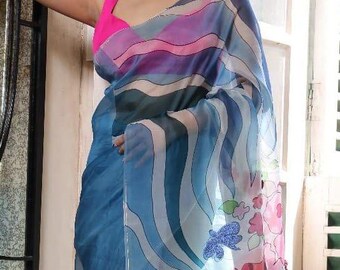 Handloom Organza Saree, Abstract Bird Flower Hand-Painted Design