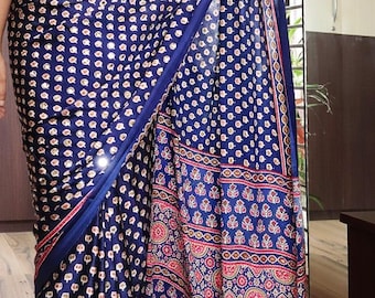 Ajrakh mirror work Modal Silk Saree, Abstract Kalamkari Floral Handloom, Tassels