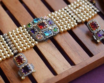Sabyasachi Inspired Necklace Set, Multicolor Stone Jewelry, Bridal Haldi Jewelry
