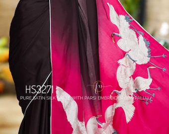 Pure Satin silk Saree | parsi pallu Embroidery, bird motif Blouse